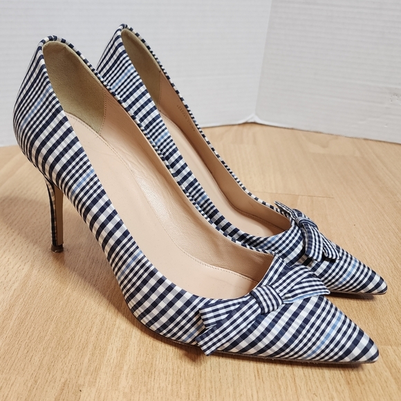 J. Crew Blue White Plaid Bow Pump Pointed Toe Heels Size 9.5 - Picture 11 of 16